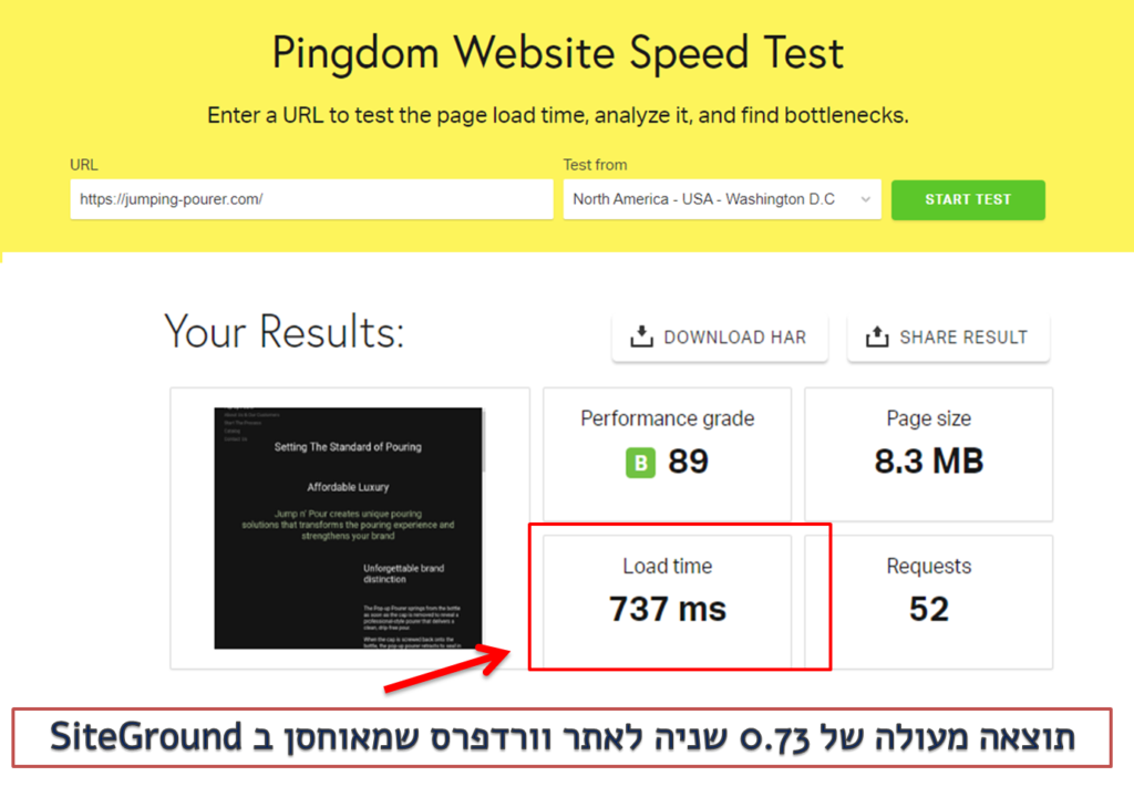 בדיקת מהירות אתר על אחסון של siteground