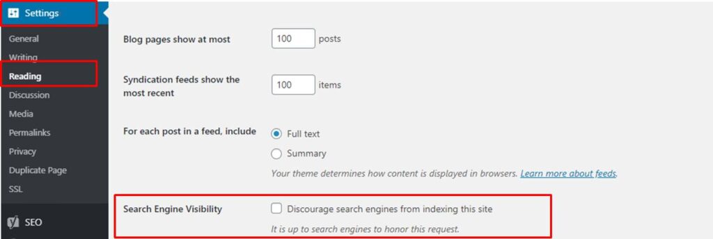 Wordpress SEO - reading setting